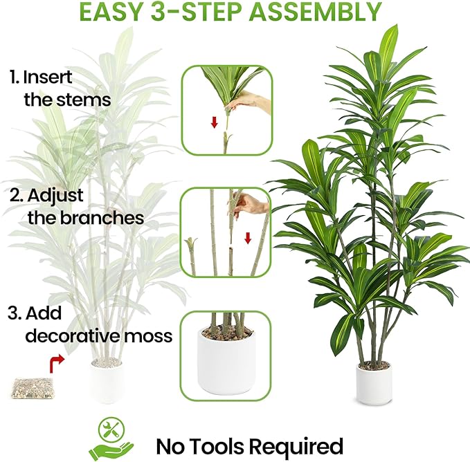 6FT Artificial Dracaena Tree, Faux Dracaena Plant with Stones in White Round Planter, Tall Fake Floor Plant for Indoor Home Office Living Room Decor