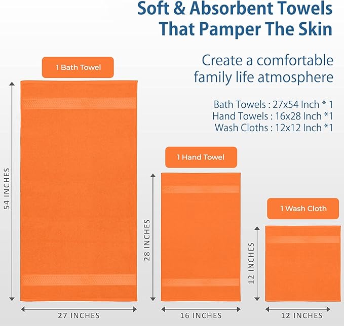 DAN RIVER 100% Ring Spun Cotton 3-Piece Towel Set, Orange, Bath Towel, Hand Towel and Washcloths, 550 GSM - Soft, Absorbent Quick Dry Cotton Towels for Bathroom, Spa, and Gym