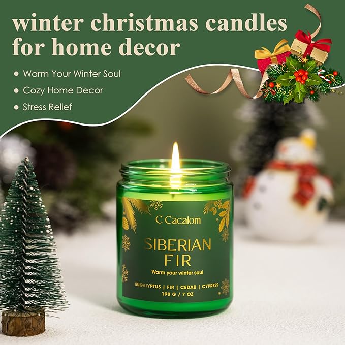Christmas Soy Candles for Christmas Home Decor Non-Toxic Aromatherapy Scented Candles for Holiday Christmas Gifts, Cozy Cute Jar Candle, Winter Candle for Women Men, Siberian Fir Candle