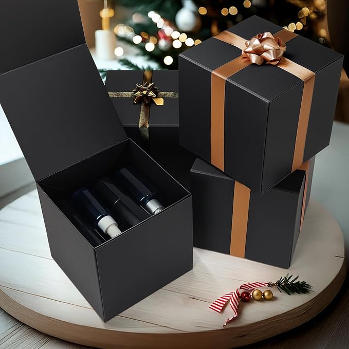 Schliersee 8x8x8 Gift Box with Lids Magnetic Closure Set of 4, Black Square Gift Wrap Boxes for Wedding, Birthday
