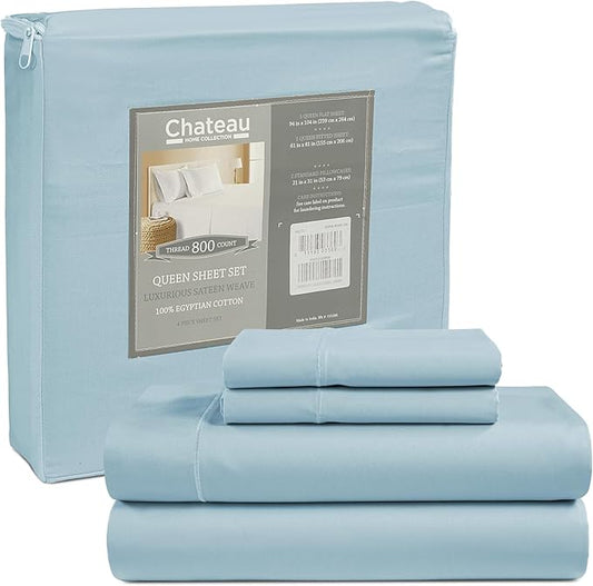 100% Egyptian Cotton Sheets King Size, 800 Thread Count 4 Piece Breathable Bed Sheet Set, 15" Deep Pocket King Sheets Cotton, Solid Sateen Weave Luxury Hotel Collection, No Pill & Shrink- Light Blue