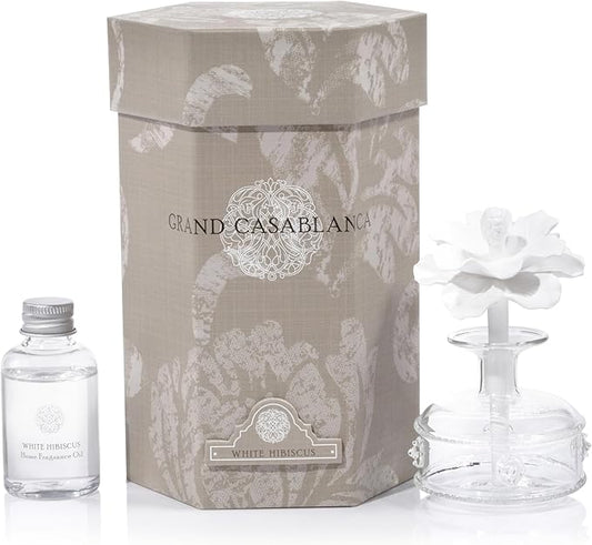 Zodax Grand Casablanca Porcelain Oil Diffuser - Home Fragrance Oil Diffuser Ideal for Living Room, Bathroom, Office - Flower Design - Gift Box Packaging Included - White Hibiscus - 1.69 Oz.