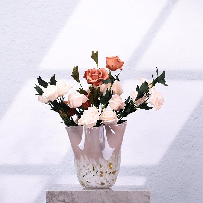 DOVDOV Hand Blown Pink Glass vase, Wave Wide Mouth vase Decoration, Unique Glass vase for Dining Room Table Centerpiece, Living Room TV Stand Decoration, Room Decoration and Office Decoration Flowers