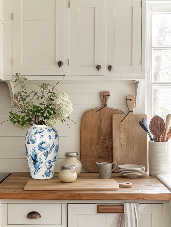 Ceramic Vintage Flower Vase, 9.8 Inch White and Blue Rustic Vases for Home Decor, Handcrafted Farmhouse Tall Vases for Living Room, Table, Bathroom, Chinoiserie Decoration