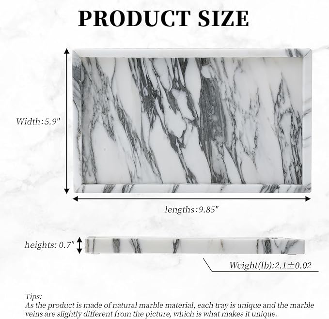 Amauto Natural Marble Vanity Tray Genuine Stone Storage Tray Real Luxurious for Home Decor Bathroom/Vanity/Dresser Non-Resin/Non-Ceramic (Arabescato Calacatta)