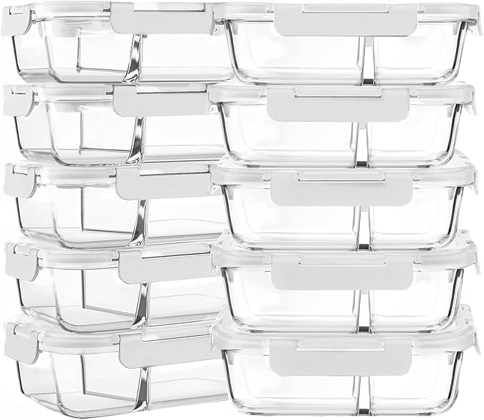 M MCIRCO [10-Pack,30 Oz Glass Meal Prep Containers 2 Compartments Airtight Lunch Bento Boxes with Lids, Glass Food Storage Containers, Microwave, Oven, Freezer and Dishwasher, White