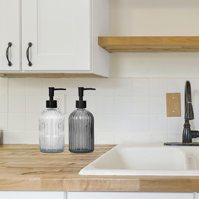 Black & Clear Glass Soap Dispenser with Plastic Pump, 13.5oz Vertical Stripe Design Hand Soap Dispenser for Dish Wash, Refillable Lotion Dispenser for Bathroom and Kitchen