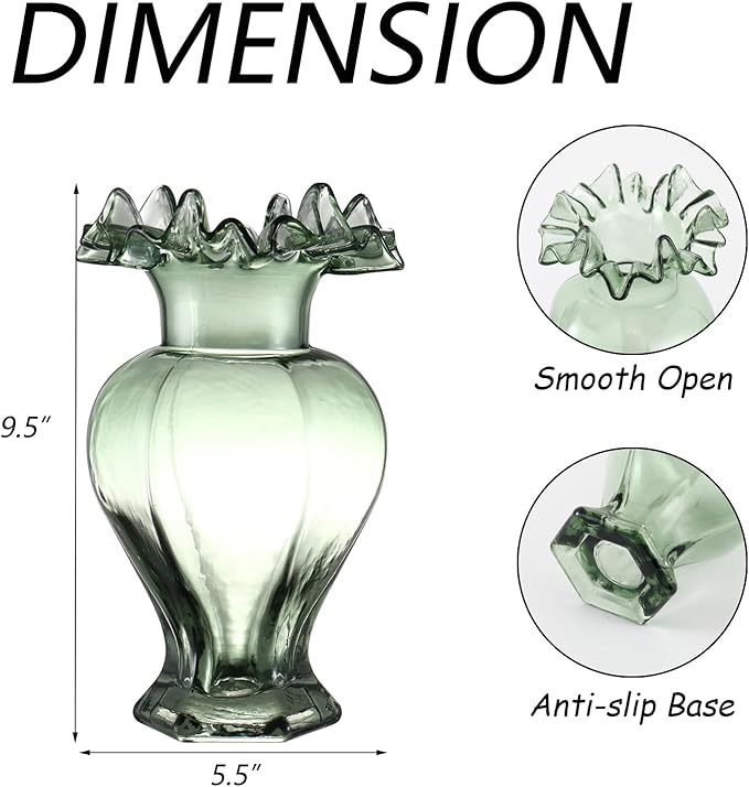 Large Glass Vase, Green Vase for Flowers, Flower Vases for Bouquet, Glass Flower Vases for Living Room, Dining Table, Shelf, Wedding, Office, Coffee Table, 9.5 Inches
