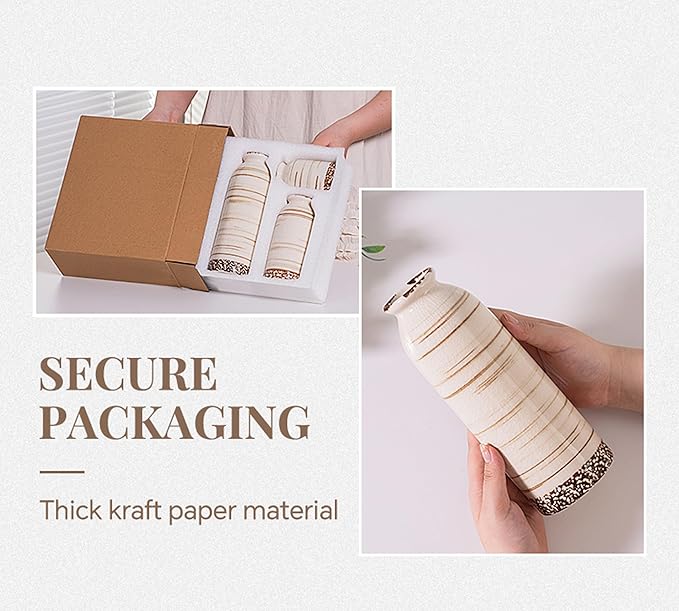 Beige Ceramic Vase Set of 3, Farmhouse Decorative Vase for Pampas Grass, Living Room, Bathroom, Bookshelf, Centerpieces Beige