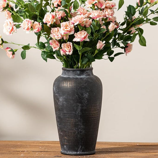 Large Ceramic Rustic Vase, 11 Inch Tall Flower Vase Rustic Farmhouse Decorative Vase Floral Pottery Vases for Home Decor Table Living Room Entryway Mantel Bookshelf Bedroom Bathroom Kitchen - Black