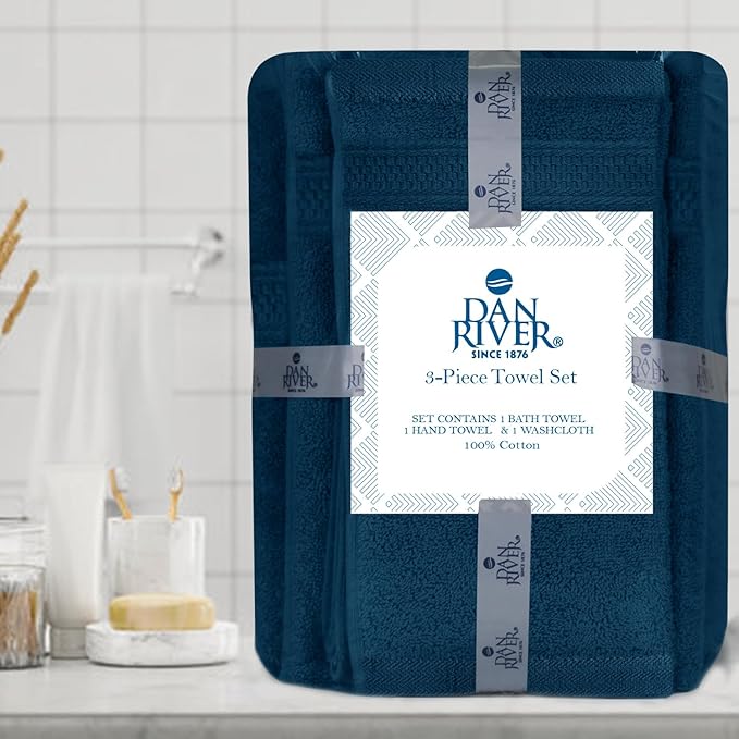 DAN RIVER 100% Ring Spun Cotton 3-Piece Towel Set, Blue Opal, Bath Towel, Hand Towel and Washcloths, 550 GSM - Soft, Absorbent Quick Dry Cotton Towels for Bathroom, Spa, and Gym