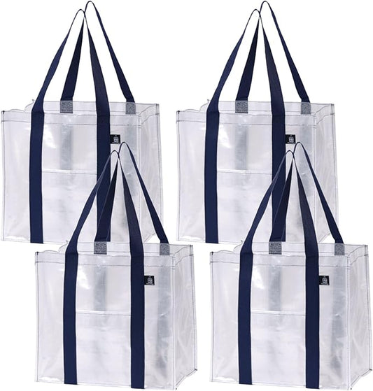 VENO 4 Pack Reusable Grocery Bags, Heavy-Duty Shopping Bags with Handles, Bags for Shopping Cart with Hard Bottom to Stand Upright, Foldable, Multi-Purpose(Clear, 4 Pack)