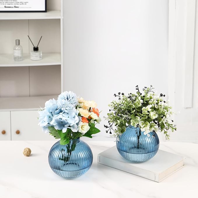 Round Glass Vases, Set of 2 Small Vases for Flowers, Blue Glass Vase for Tulips, Modern Vase for Living Room, Office, Coffee Table, Shelf, Wedding, 5 Inches