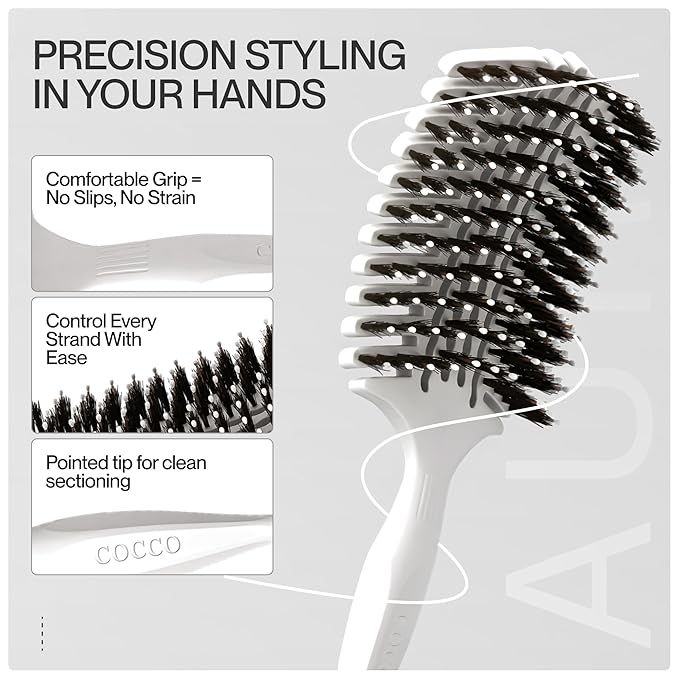 COCCO Aura Vent Boar Brush | Vented Dual-Curved Design for Faster Drying, Effortless Detangling & Shine, Boar + Nylon Bristles, Ergonomic Comfort Handle for Wet & Dry Hair Styling - White