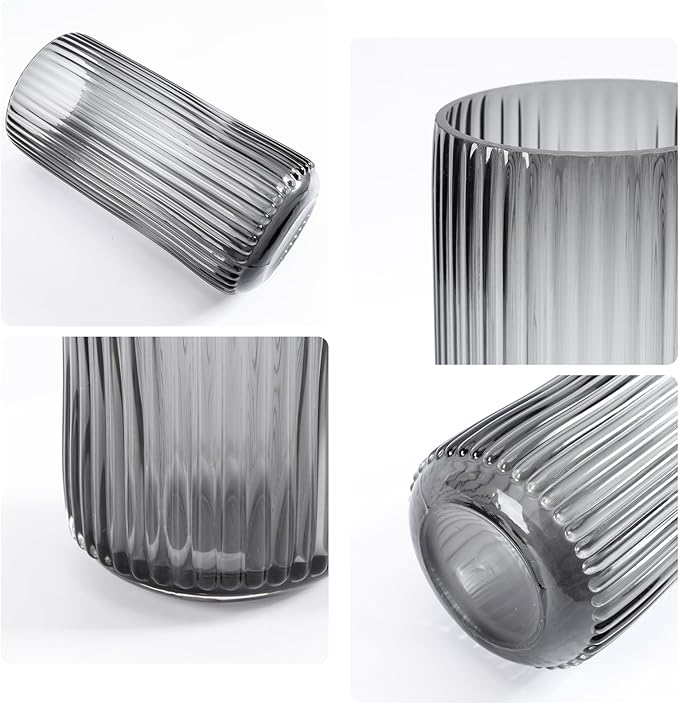 Modern Glass Vase 10 Inch Tall Grey Vases for Flowers-Thick Glass Cylinder Ribbed Vases for Bouquet, Table, Kitchen Shelf, Countertop, Decorative Flower Vase for Home Decor Living Room