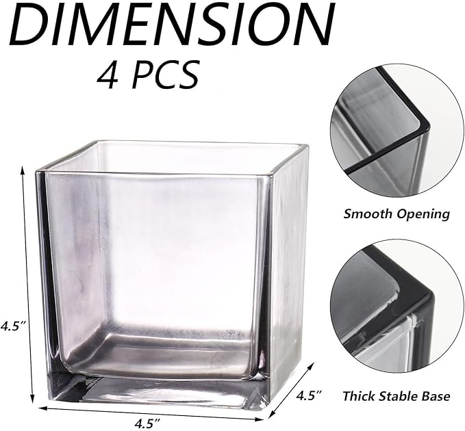 Square Glass Vases Set of 4, 5" x 5" x 5" Grey Flower Vases for Centerpieces, Square Vase for Flowers, Small Vase for Wedding, Party, Home Office Decoration