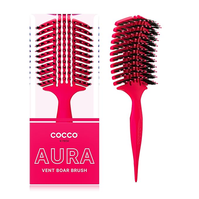 COCCO Aura Vent Boar Brush | Vented Dual-Curved Design for Faster Drying, Effortless Detangling & Shine, Boar + Nylon Bristles, Ergonomic Comfort Handle for Wet & Dry Hair Styling - Pink