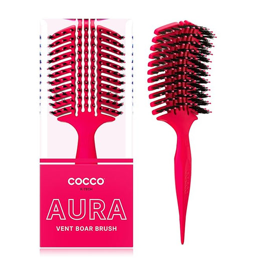 COCCO Aura Vent Boar Brush | Vented Dual-Curved Design for Faster Drying, Effortless Detangling & Shine, Boar + Nylon Bristles, Ergonomic Comfort Handle for Wet & Dry Hair Styling - Pink