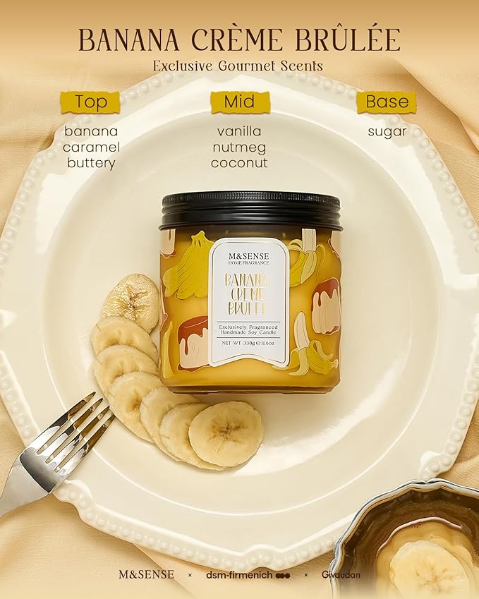 M&SENSE Banana Crème Brûlée Scented Candle, 11.6oz Natural Soy Wax, 70 Hours Long Lasting Clean Burn, Holiday Jar Candle for Home Decor, Non-Toxic Relaxing Aromatherapy Gifts for Women