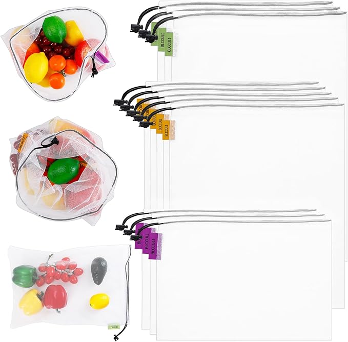 Blcculi 12 Pack Reusable Produce Bags,Mesh Produce Bags,Washable Mesh Grocery Bag with Drawstring &Colorful Tare Weight Tags,See-Through Vegetable Storage Bag for Grocery Shopping,Fruits,3 Sizes
