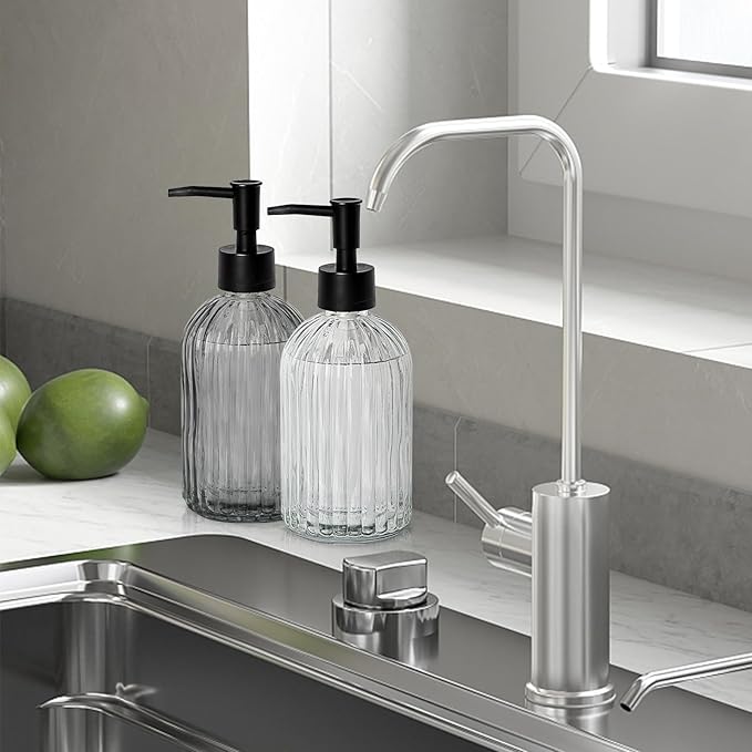 Black & Clear Glass Soap Dispenser with Plastic Pump, 13.5oz Vertical Stripe Design Hand Soap Dispenser for Dish Wash, Refillable Lotion Dispenser for Bathroom and Kitchen