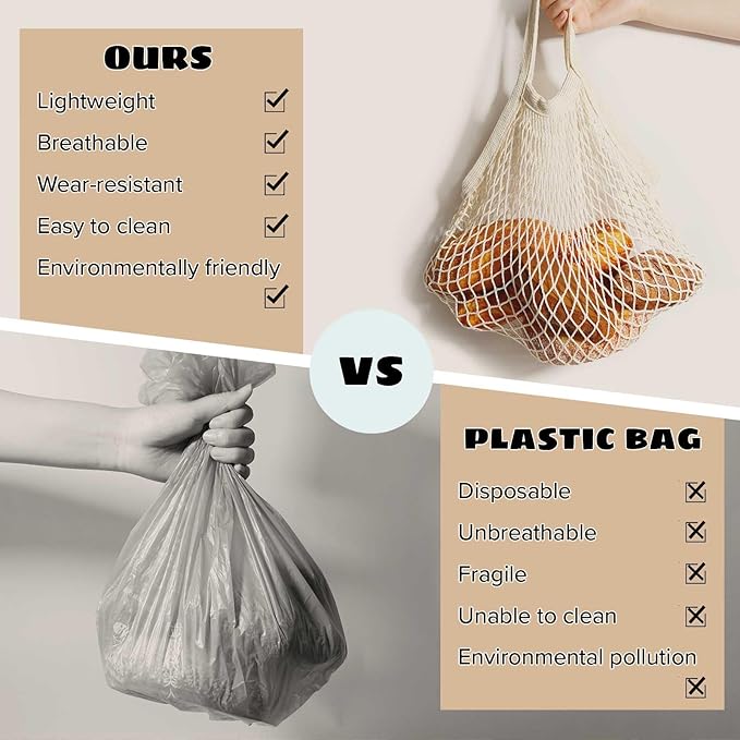 LZMS 3PCS Cotton Mesh Produce Bags,Reusable Grocery Veggie Net Tote,Washable Farmers Market Storage with Wide-Strap Carry Handles(Short Handle)