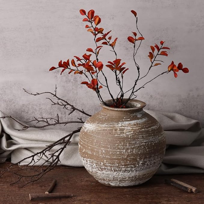 Rustic Terracotta Vase for Farmhouse Decor, Large Round Ceramic Vases for Home Decor, Wide Mouth Brown Clay Jug, Vintage Pottery Vases for Living Room, Kitchen, Table Centerpieces Rustic Home Decor