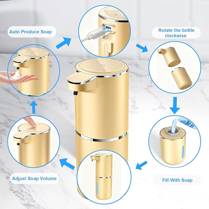 Automatic Foaming Soap Dispenser - Hand Free Pump Touchless Soap Dispenser USB Rechargeable Dispenser with 380ml, 4levels Adjustable Dispenser for Bathroom Kitchen