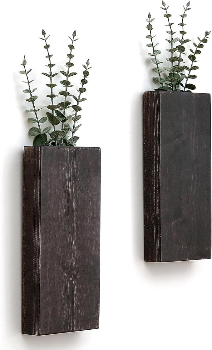 Wood Wall Planter Set of 2, Wood Wall Pocket for Greenery and Dried Flowers, Indoor Wood Hanging Vase Modern Farmhouse Wall Decor for Living Room Bedroom Office Eucalyptus Stems Decorations (Expresso)