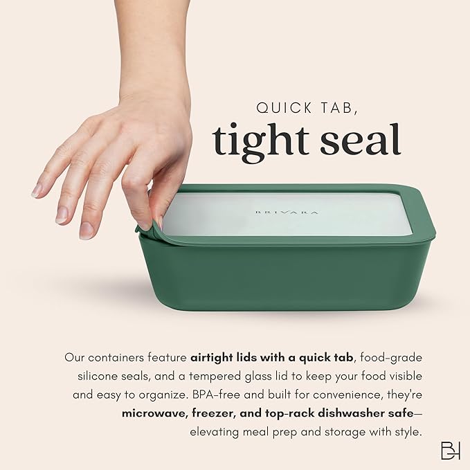 Ceramic Coated Glass Food Storage Containers | No PTFE, PFOA, PFAS, and BPA | Reusable Non Toxic Meal Prep Containers with Glass Lids | Easy To Store | 10 Piece Set [Pine]