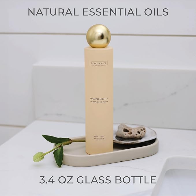 Champagne & Peony Room Spray | Benevolence LA Malibu Nights | 3.4oz | Home, Pillow & Linen Fragrance Spray | Low VOC, No Alcohol | Holiday & Christmas Gift for Her | Malibu Sands Collection