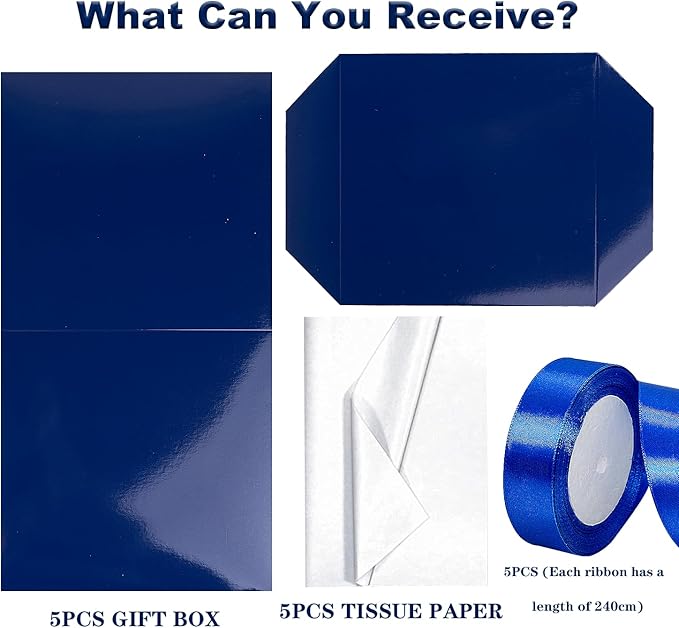 Jaywayang 5 Pack Blue Gift Boxes with Lids, Ribbons and Tissue Papers Square Gift Boxes - 7.1 Inch - Birthday, Wedding, Presents Wrapping, Father's Day, Valentine's Day Decoration Party Favor Boxes.