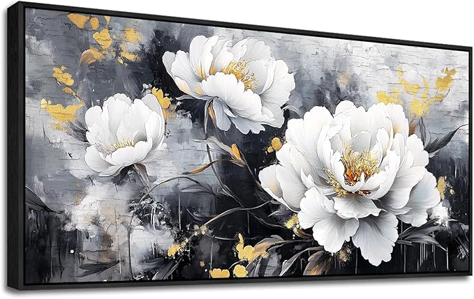PHAOHUAXM Large Framed Print Canvas Wall Art For Living Room Wall Decor For Bedroom Abstract Wall Painting Ink-Wash White Flowers With Black Frames Dining Room Decor Modern Room Home Decor 20"X40"