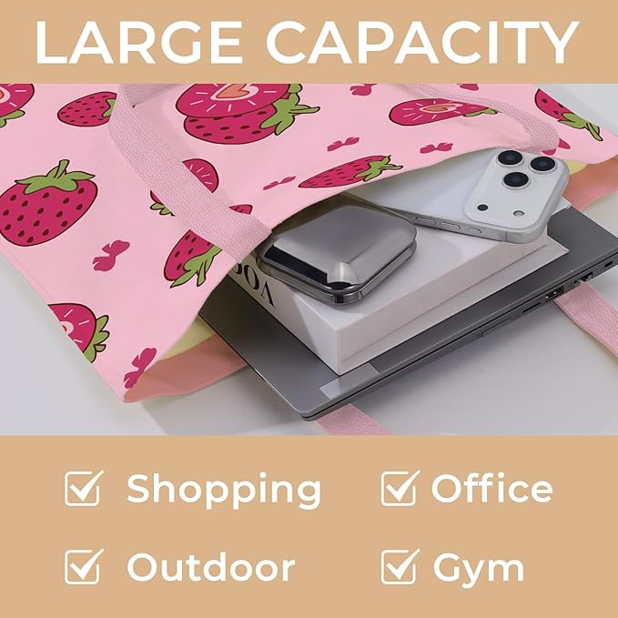 Cute Aesthetic Canvas Tote Bag for Women, Reusable Foldable Shopping Cotton Shoulder Totebag with Zipper Pocket