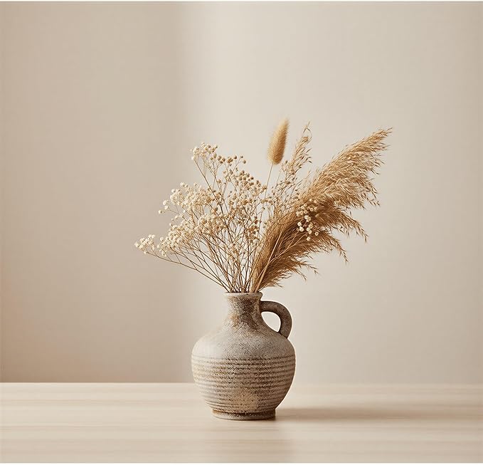 6-Inch Terracotta Ceramic Flower Vase with Handles, Rustic Farmhouse Boho Pottery Centerpiece for Table, Living Room, Shelf & Mantel