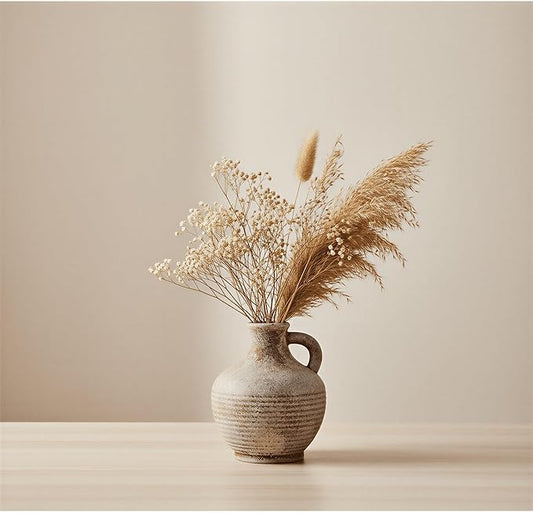 6-Inch Terracotta Ceramic Flower Vase with Handles, Rustic Farmhouse Boho Pottery Centerpiece for Table, Living Room, Shelf & Mantel