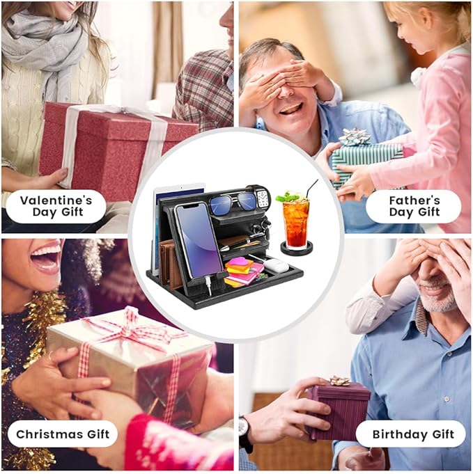 Wood Phone Docking Station - Gifts for Men Desk or Nightstand Organizer - Birthday Gifts for Husband, Fathers Day for Dad - Anniversary Idea from Wife - Key Holder, Stand Wallet, Watch & Essentials
