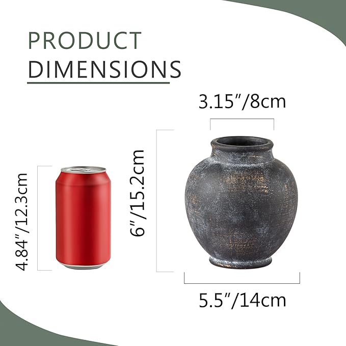 Ceramic Rustic Vase, 6 Inch Small Flower Farmhouse Vase Decorative Vase Short Pottery Vases for Home Decor Table Living Room Entryway Mantel Bookshelf Bedroom Bathroom Kitchen - Black