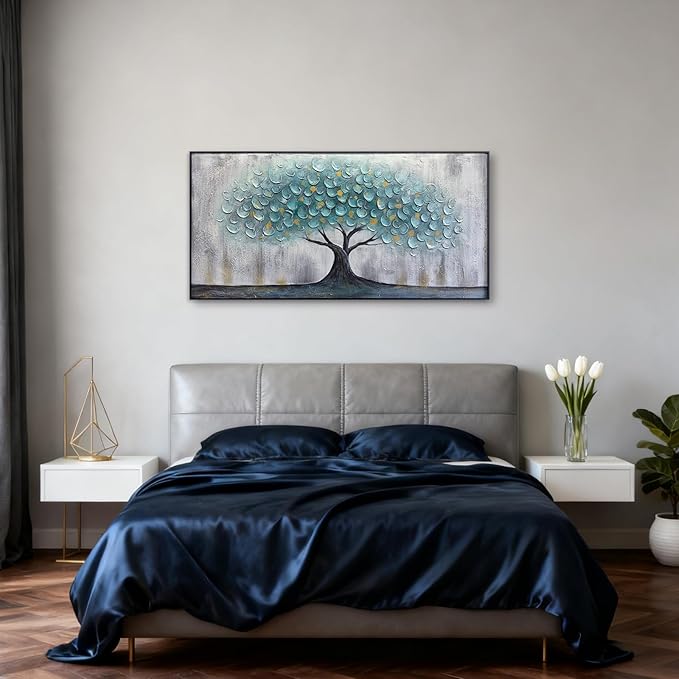 Teal Blue Tree of Life Canvas Wall Art for Living Room, Hand Painted Modern Abstract Textured Painting, Large Framed Panoramic Landscape wall art for Living Room, Bedroom, Office, Home Decor 48"x24"