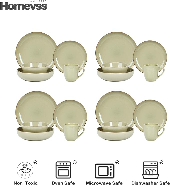 HomeVSS 20-Piece Dinnerware Set - Serves 4, Shiny Glaze Beige plates and bowls sets with Speckle Effect for Microwave & Dishwasher Safe