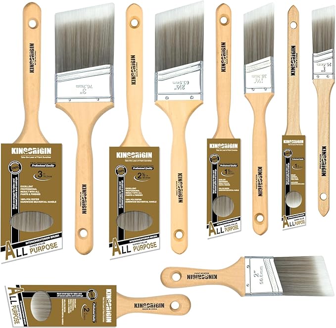 King Origin 10-Pack Professional Angled Paint Brushes Set (1", 1.5", 2", 2.5", 3") Synthetic Wall & Trim Brushes for Cutting Edges, Cabinets, Touch-Ups | Reusable Bulk Paintbrush Kit
