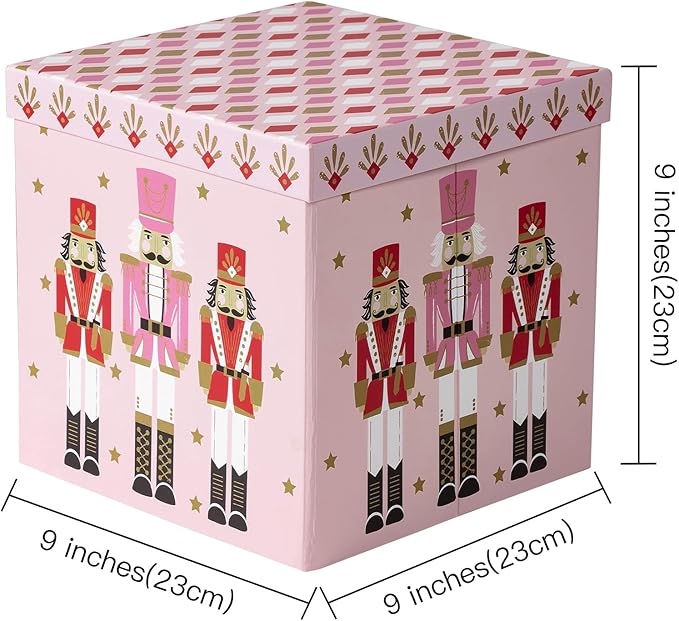RUSPEPA Christmas Gift Box with Lid, Pink Nutcracker Soldier Design and Diamond Pattern Lid, Medium Collapsible Box with Ribbon, Tissue Paper for Girls, Gift Wrap, Candy Storage, 9x9x9 Inches, 1 Pcs