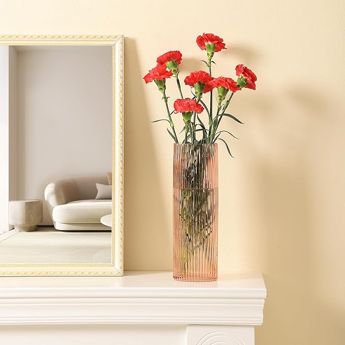 Pink Glass Vase, Glass Flower Vases, Ribbed Vase, Pink Vase, Tall Cylinder Glass Vases for Living Room, Bedroom, Dining Table, Office, Wedding, Bookshelf Decoration, 12 Inches