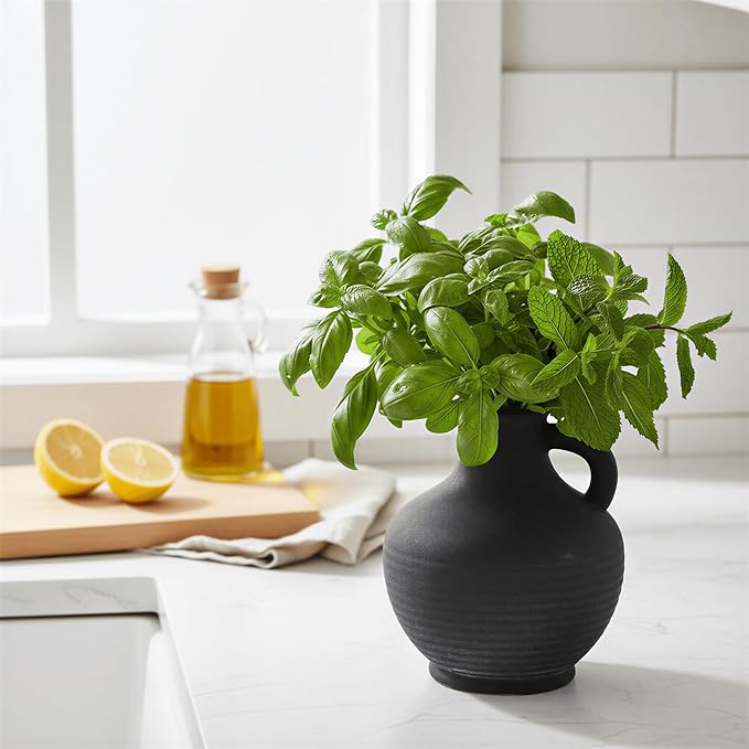 6-Inch Black Ceramic Flower Vase with Handles, Rustic Farmhouse Boho Pottery Centerpiece for Table, Living Room, Shelf & Mantel