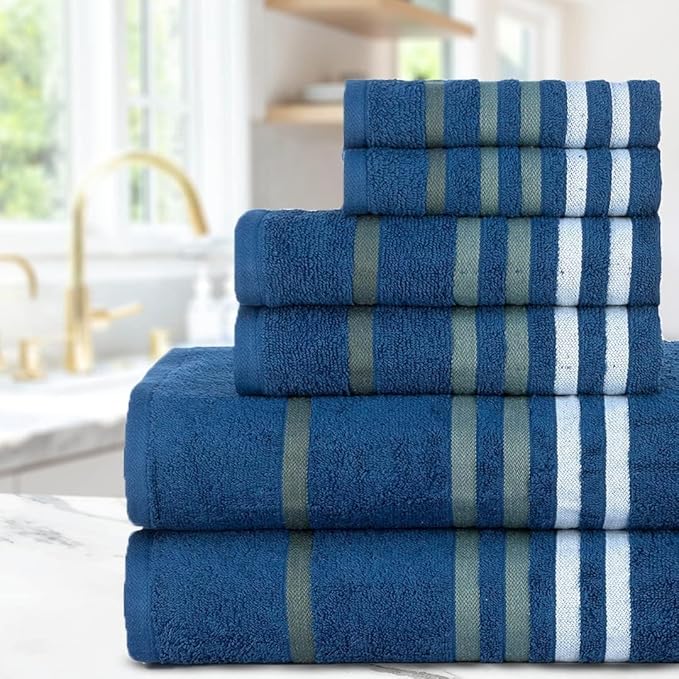 CASA COPENHAGEN Exotic 6 Pieces Towel Set- Navy, 525 GSM 2 Bath Towel 2 Hand Towel 2 Washcloth, Designed in Denmark Made of Soft Egyptian Cotton for Bathroom, Kitchen & Shower