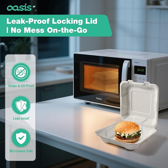 𝟴𝘅𝟴", 𝟲𝟴-𝗣𝗮𝗰𝗸 3-Compartment Clamshell Takeout Containers, 100% Compostable Heavy-Duty Disposable Paper Lunch Boxes(White)