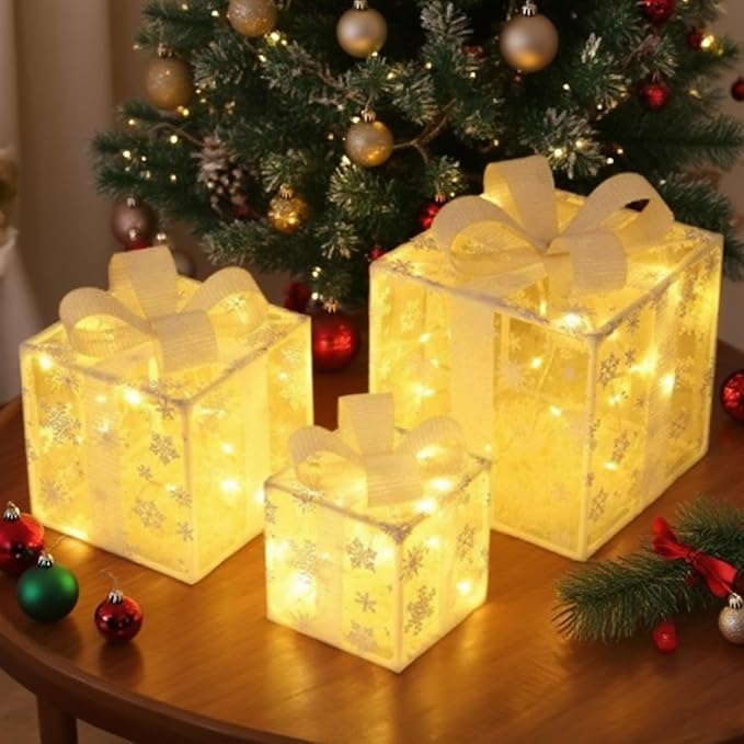 Christmas Lighted Gifting Boxes 3PCS/Set LED Warm White Christmas Decorations Snowflakes Box Battery Operated for Holiday, Indoor, Yard, Home, Lawn Decor