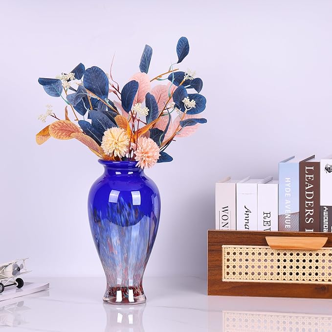 Hand Blown Glass Vase 11.8" Tall Beautiful Dark Blue Sea Wide Mouth Bud Vase for Table Centerpiece, Painted Colorful Murano Glass Flower Vases for - Home Entrance Wedding Center