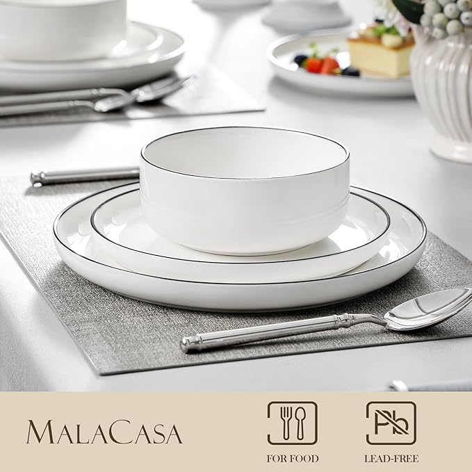 MALACASA Plates and Bowls Sets, 18 Pieces Modern Porcelain Dinnerware Set for 6 White Kitchen Dinner Ware Set wtih Black Rim Ceramic Dishware Dishes Microwave and Dishwasher Safe, Series LUNA