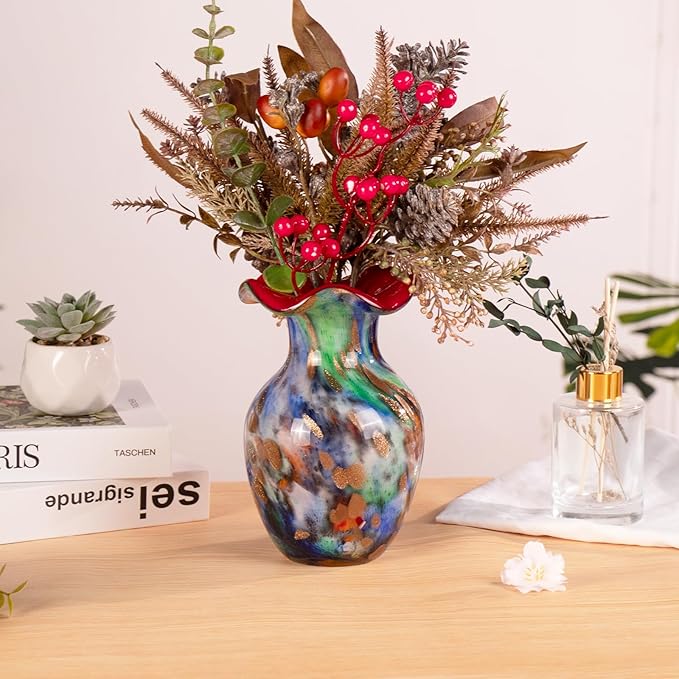 KAMMAK Colored Glass Vase, Beautiful Hand Blown Decorative Vase, Modern Art Vase for Flower Mantle Dining Table Centerpiece, Entryway Living Room Wedding Decoration, FH018